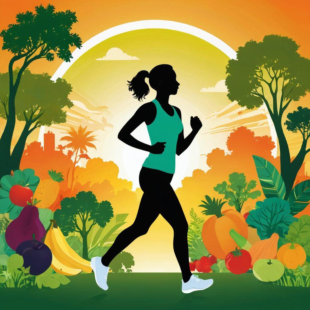 A vibrant collage illustrating various aspects of health and wellness: an energetic person jogging in a lush green park, fresh fruits and vegetables artistically arranged, a serene meditation scene with a silhouette against a sunset, and symbols of disease prevention like a stethoscope and a shield. Each element radiates positivity and vitality, conveying empowerment. bright colors. vector art.