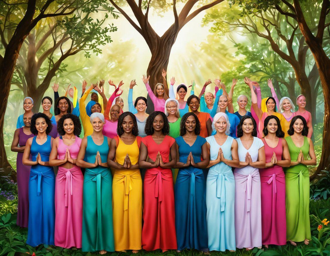 A powerful illustration of diverse women standing together in a vibrant, lush setting, symbolizing strength and unity against cancer. Each woman represents different cultures, showcasing their unique backgrounds and styles, holding tools like yoga mats and health books. A compassionate and hopeful atmosphere is emphasized with soft sunlight filtering through trees, highlighting their resolve. Symbolic ribbons representing cancer awareness flutter around them. vibrant colors. super-realistic.